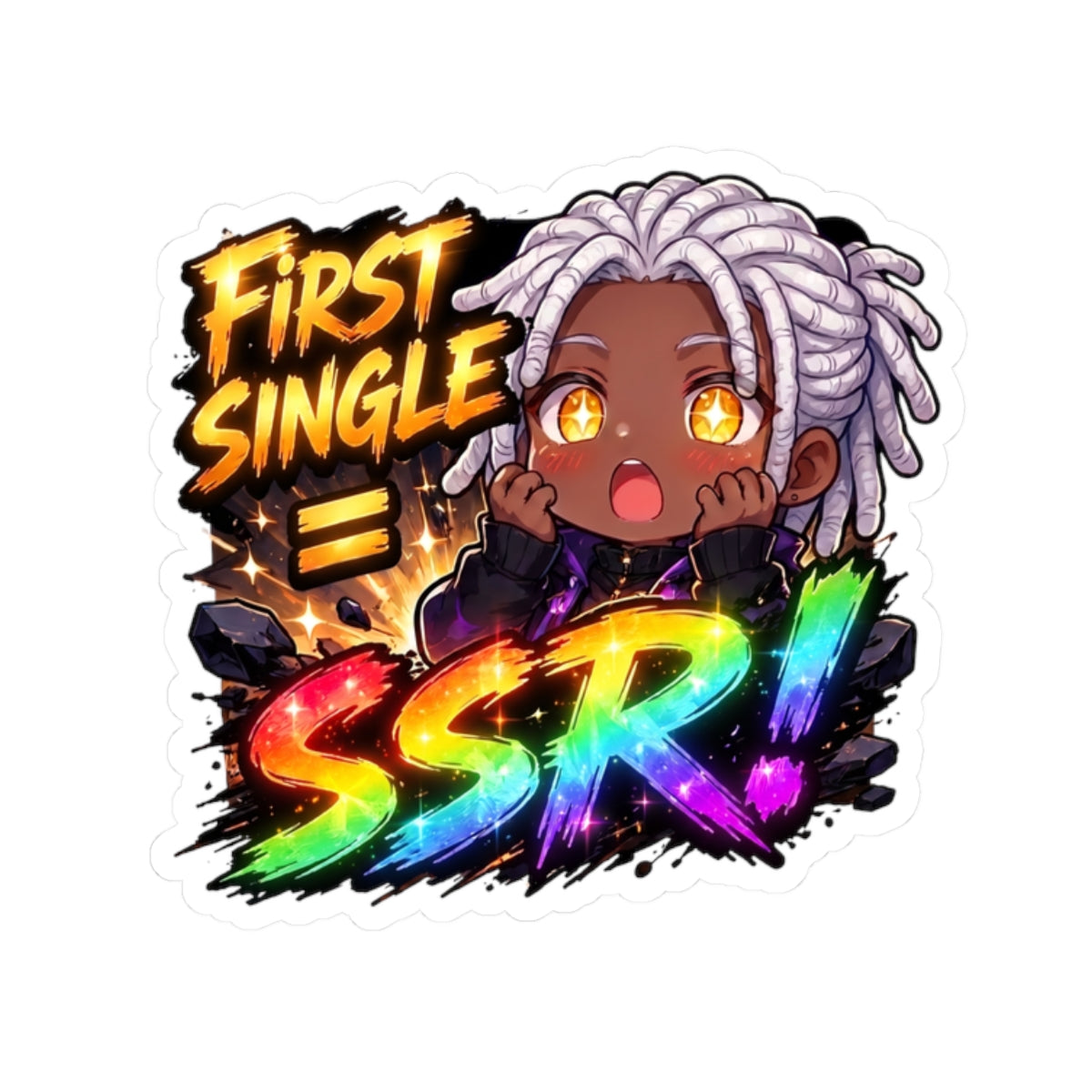Lucky Pull Anime Sticker, First Single SSR Chibi Gacha Meme Decal, Kiss Cut Glossy Vinyl in 4 Sizes, Funny Gift for Gamers