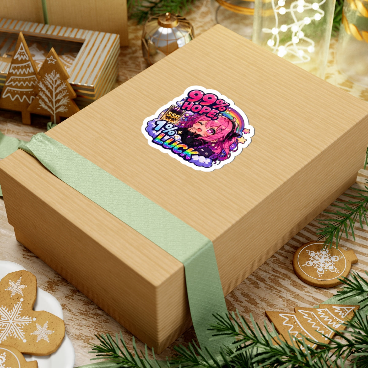 99% Hope 1% Luck Sticker, Anime Chibi Girl with Pink Braids Decal, Kiss Cut Glossy Vinyl in 4 Sizes, Funny Gacha Gamer Gift