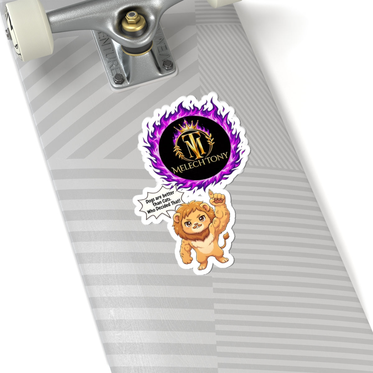 Melech Tony Lion Sticker, Funny Cat vs Dog Meme Decal with Purple Flame Crest, Kiss Cut Glossy Vinyl in 4 Sizes, Gamer Gift