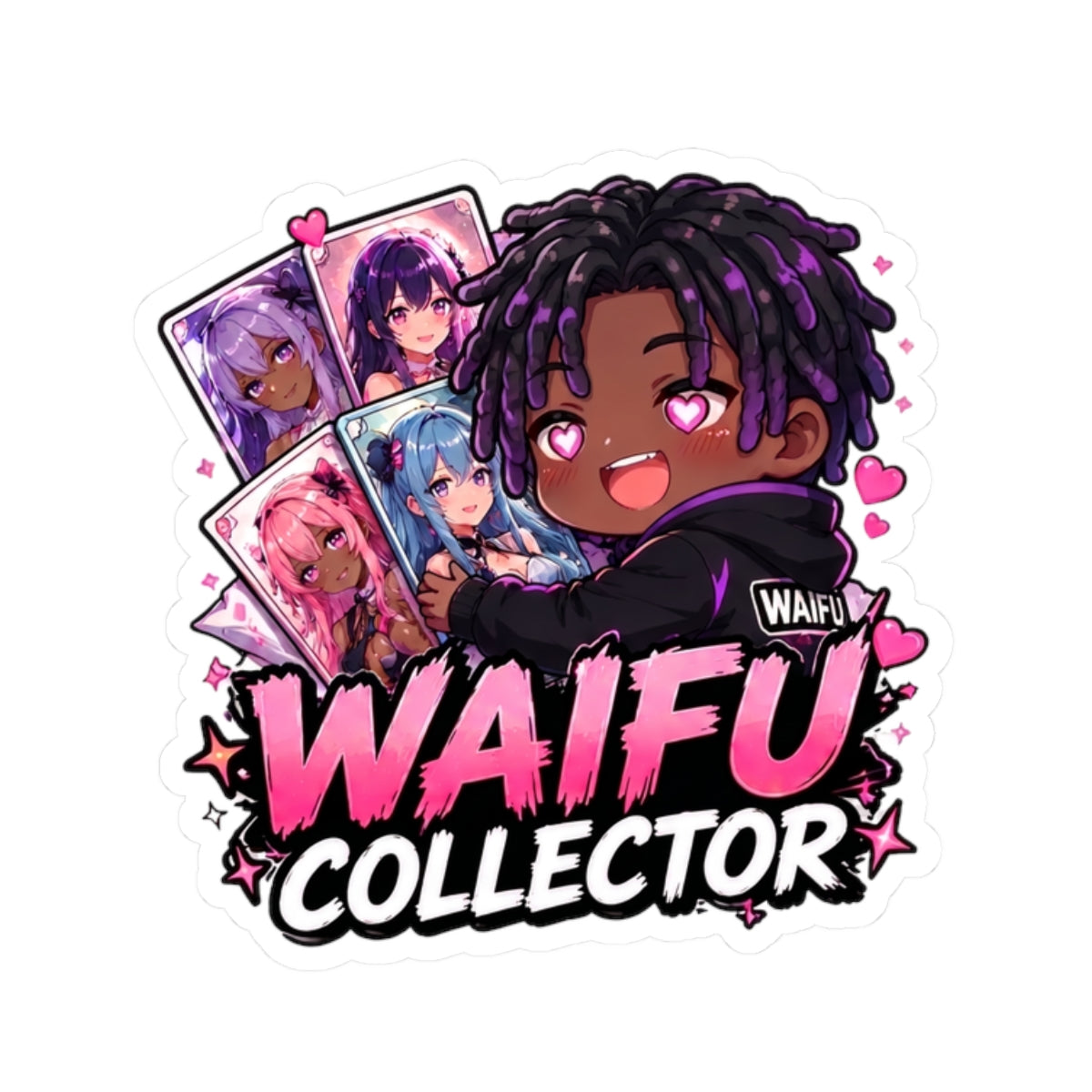 Waifu Collector Kiss-Cut Sticker — Cute Anime Card Collector Design, Waifu Collector Sticker, Anime Chibi Boy with Heart Eyes, Kiss Cut Vinyl Decal in 4 Sizes, Funny Gacha Gamer Sticker for Laptop