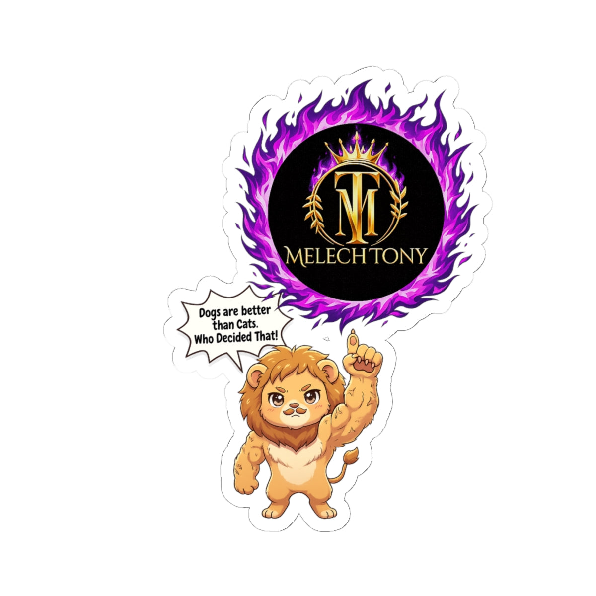 Melech Tony Lion Sticker, Funny Cat vs Dog Meme Decal with Purple Flame Crest, Kiss Cut Glossy Vinyl in 4 Sizes, Gamer Gift