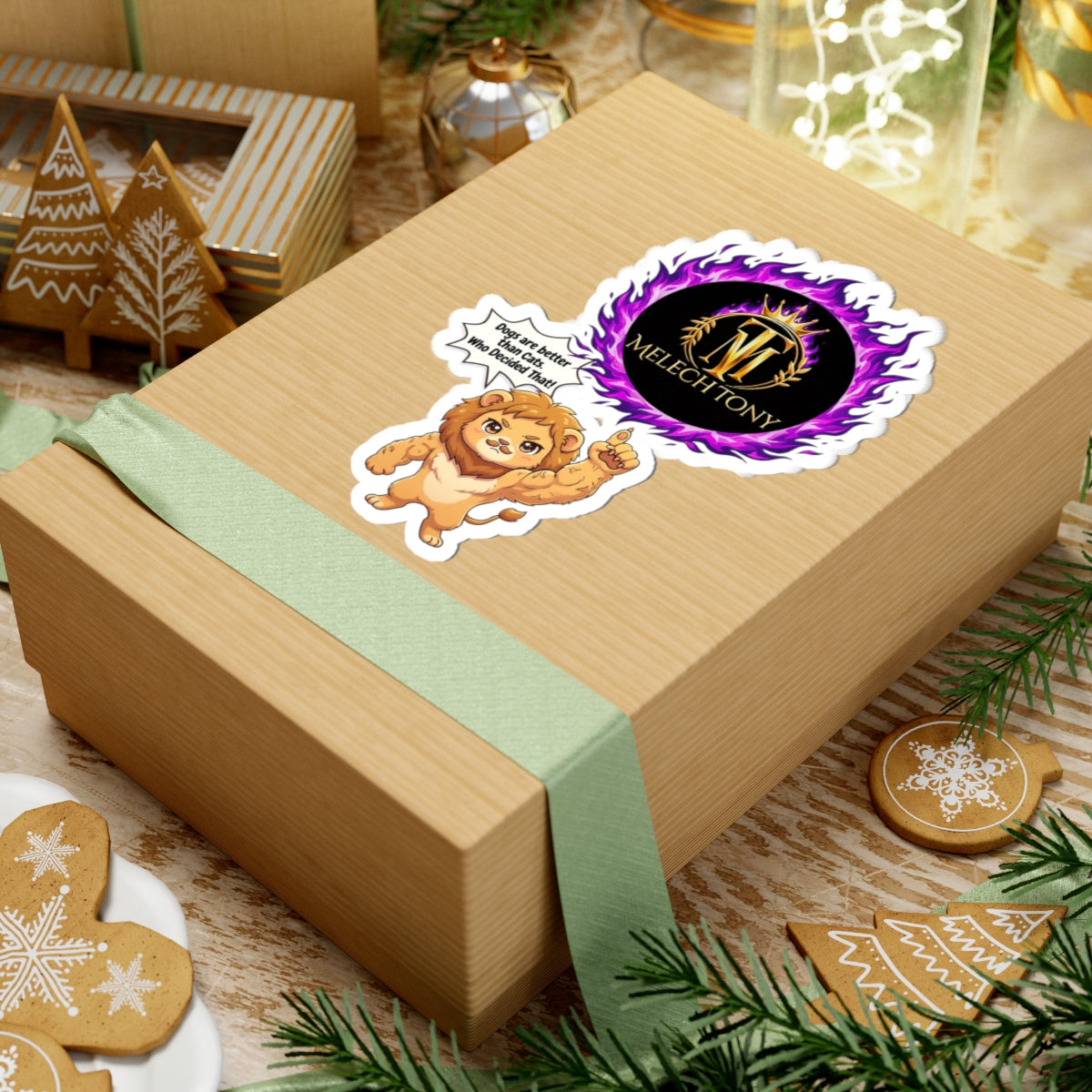 Melech Tony Lion Sticker, Funny Cat vs Dog Meme Decal with Purple Flame Crest, Kiss Cut Glossy Vinyl in 4 Sizes, Gamer Gift