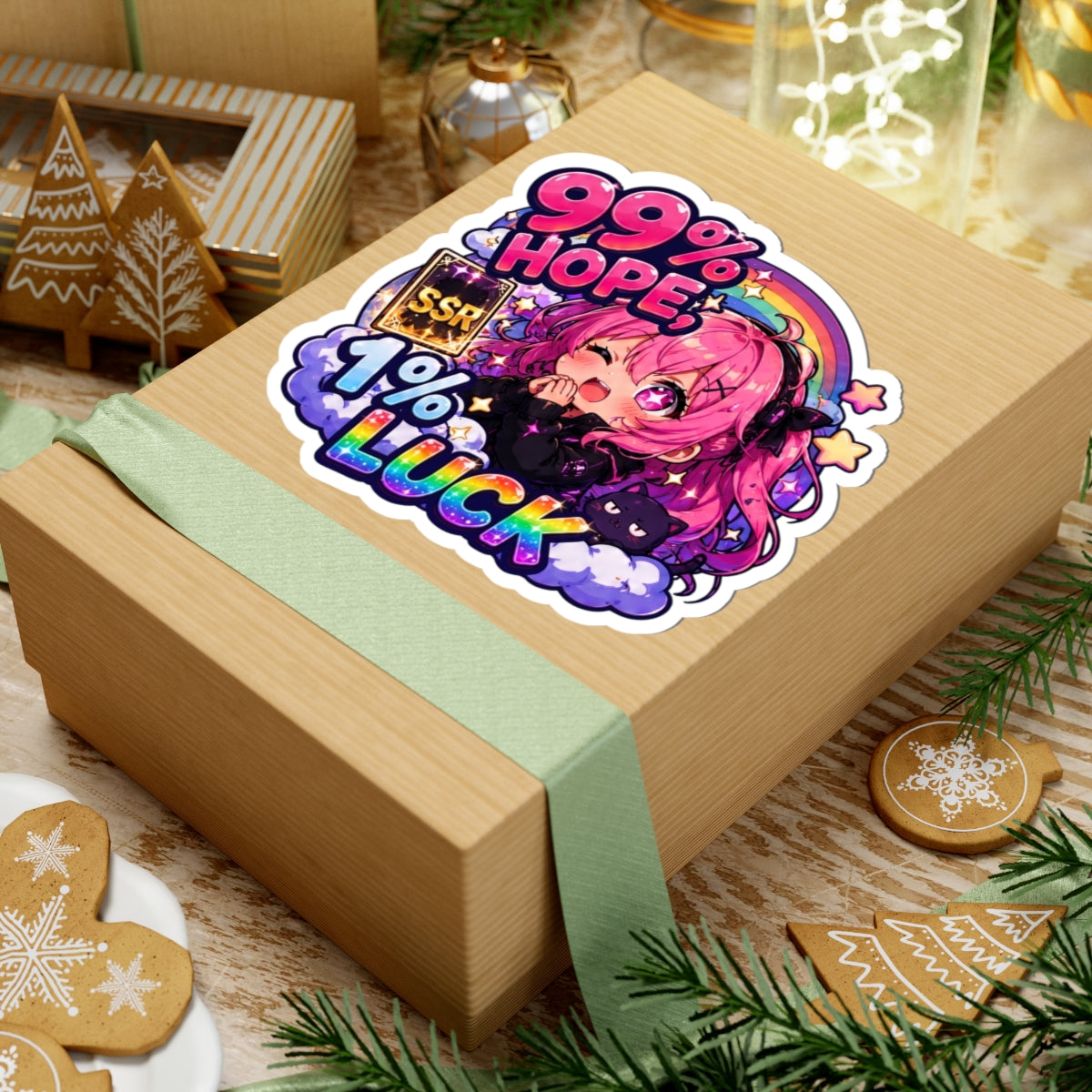 99% Hope 1% Luck Sticker, Anime Chibi Girl with Pink Braids Decal, Kiss Cut Glossy Vinyl in 4 Sizes, Funny Gacha Gamer Gift