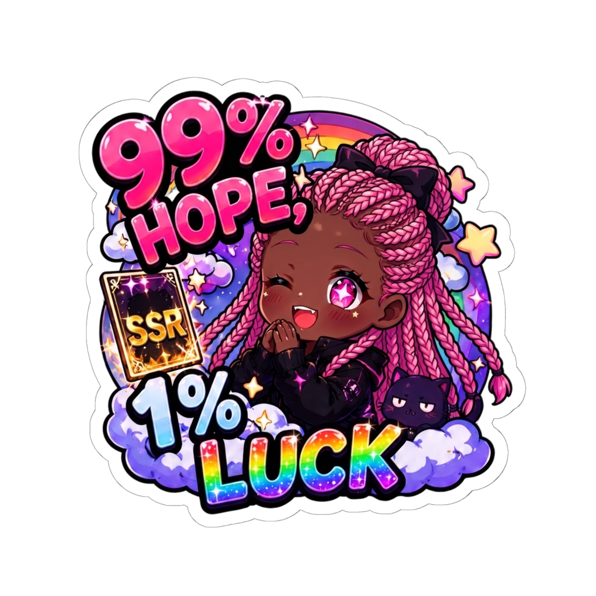 99% Hope 1% Luck Sticker, Anime Chibi Girl with Pink Braids Decal, Kiss Cut Glossy Vinyl in 4 Sizes, Funny Gacha Gamer Gift