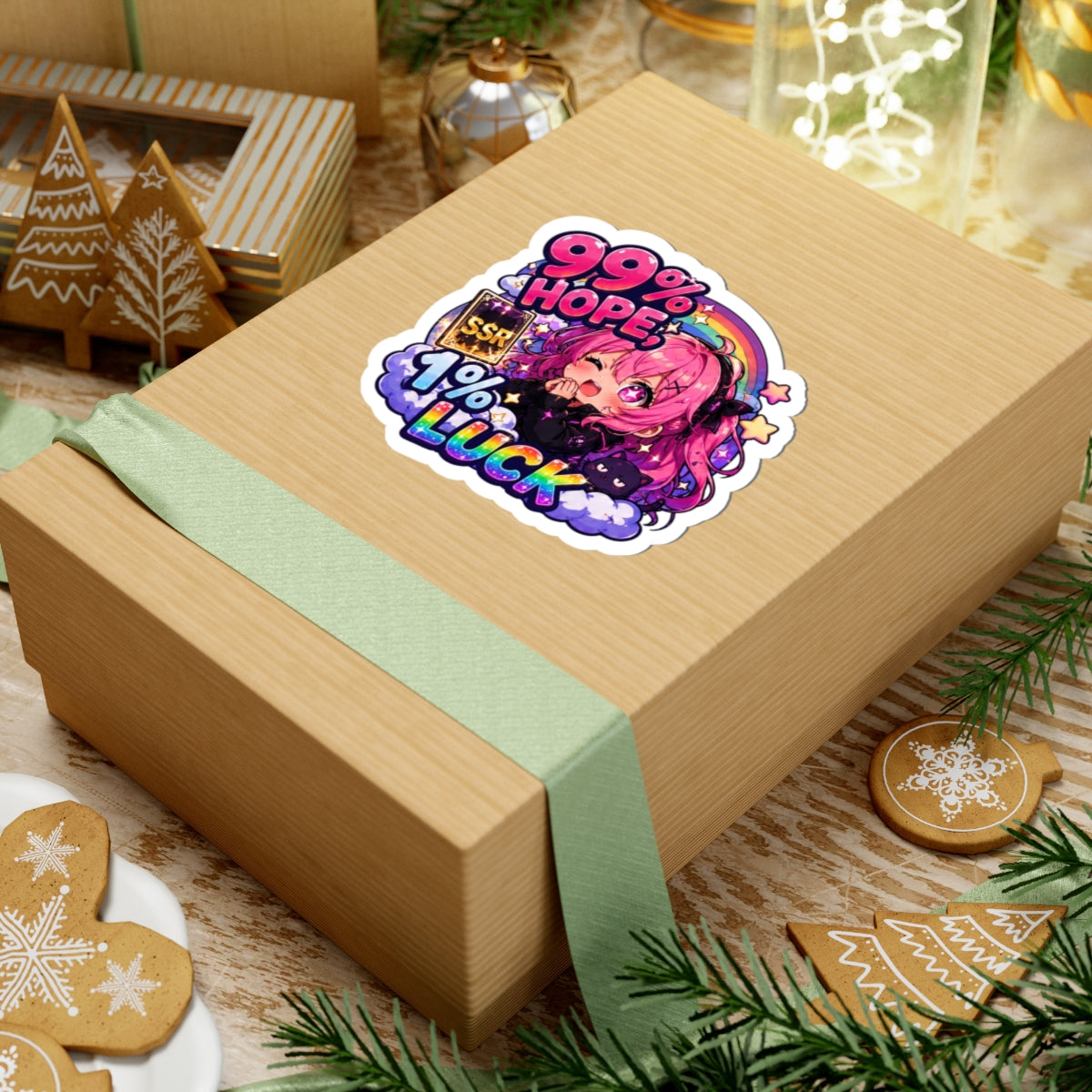 99% Hope 1% Luck Sticker, Anime Chibi Girl with Pink Braids Decal, Kiss Cut Glossy Vinyl in 4 Sizes, Funny Gacha Gamer Gift