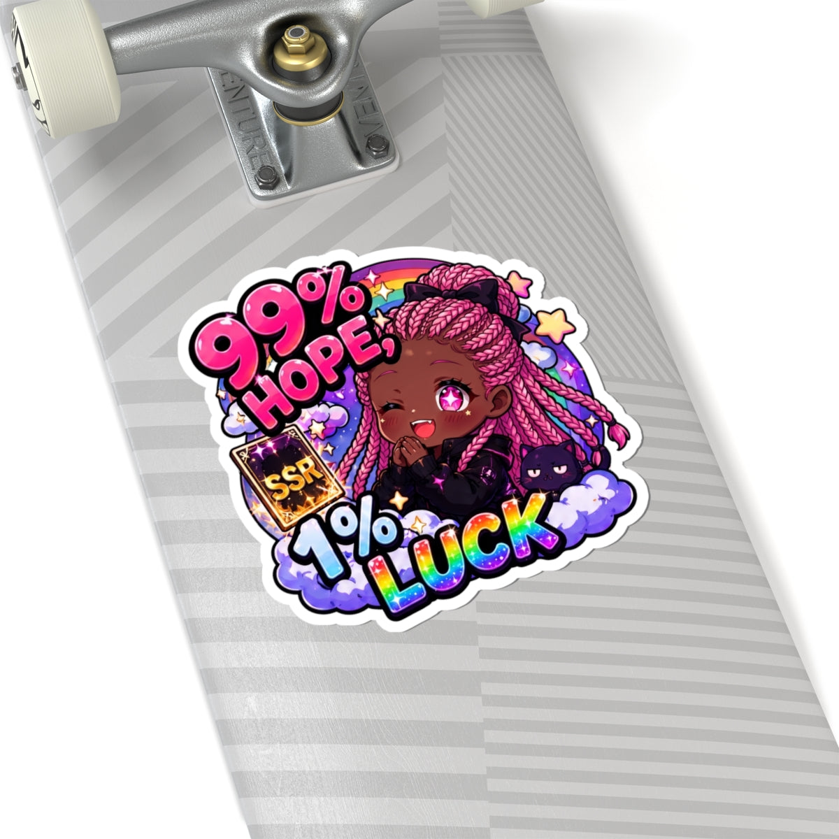 99% Hope 1% Luck Sticker, Anime Chibi Girl with Pink Braids Decal, Kiss Cut Glossy Vinyl in 4 Sizes, Funny Gacha Gamer Gift