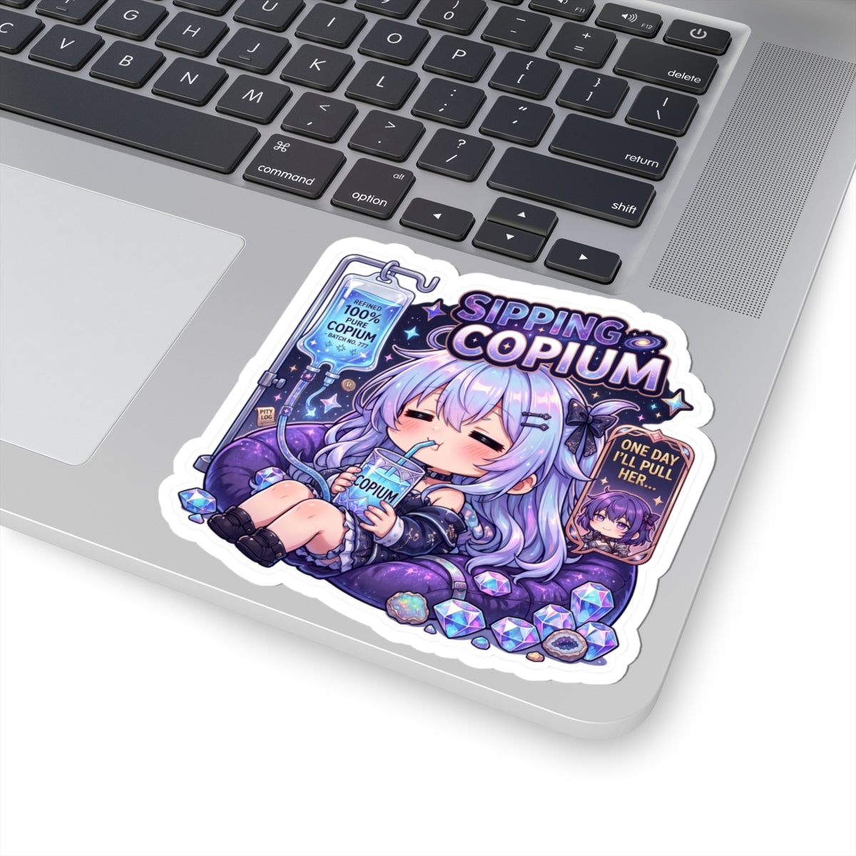 Sipping Copium Chibi Sticker, Anime Girl with Copium IV Drip Decal, Kiss Cut Glossy Vinyl in 4 Sizes, Funny Gacha Pity Gift, Gacha Sticker