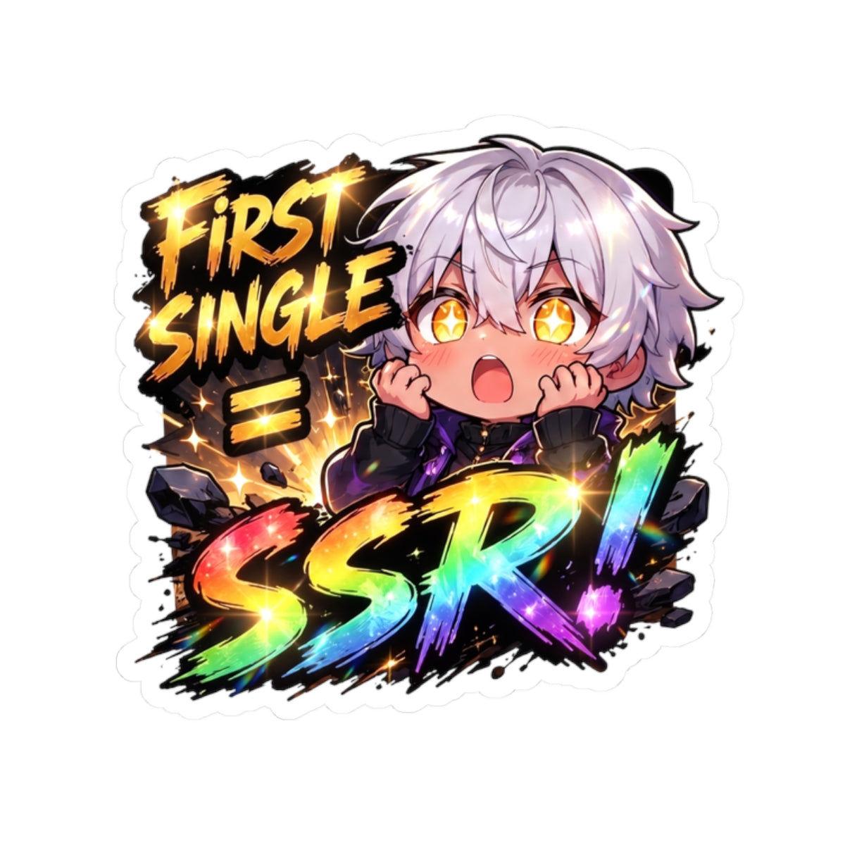 Lucky Pull Anime Sticker, First Single SSR Chibi Gacha Meme Decal, Kiss Cut Glossy Vinyl in 4 Sizes, Funny Gift for Gamers