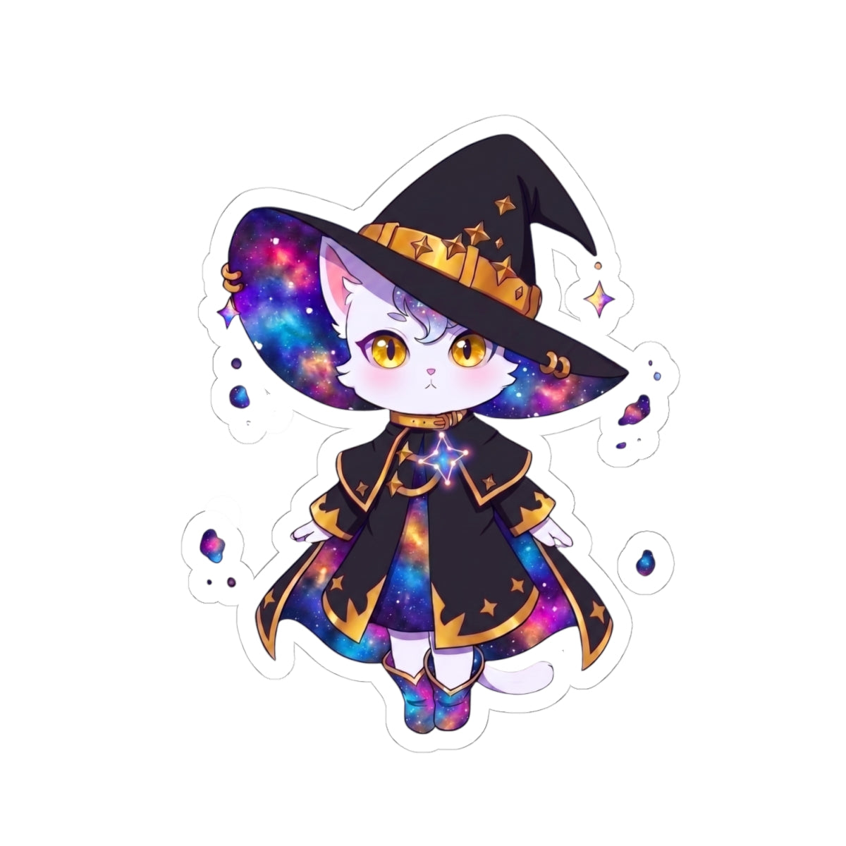 Celestial Cat Sticker, Kawaii Galaxy Witch Kitty in Star Hat Decal, Kiss Cut Glossy Vinyl in 4 Sizes, Cute Gift for Witchy Cat Lovers