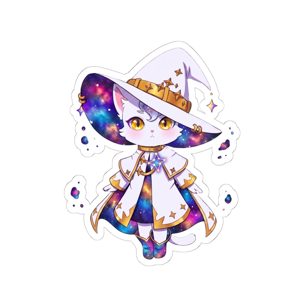 Celestial Cat Sticker, Kawaii Galaxy Witch Kitty in Star Hat Decal, Kiss Cut Glossy Vinyl in 4 Sizes, Cute Gift for Witchy Cat Lovers