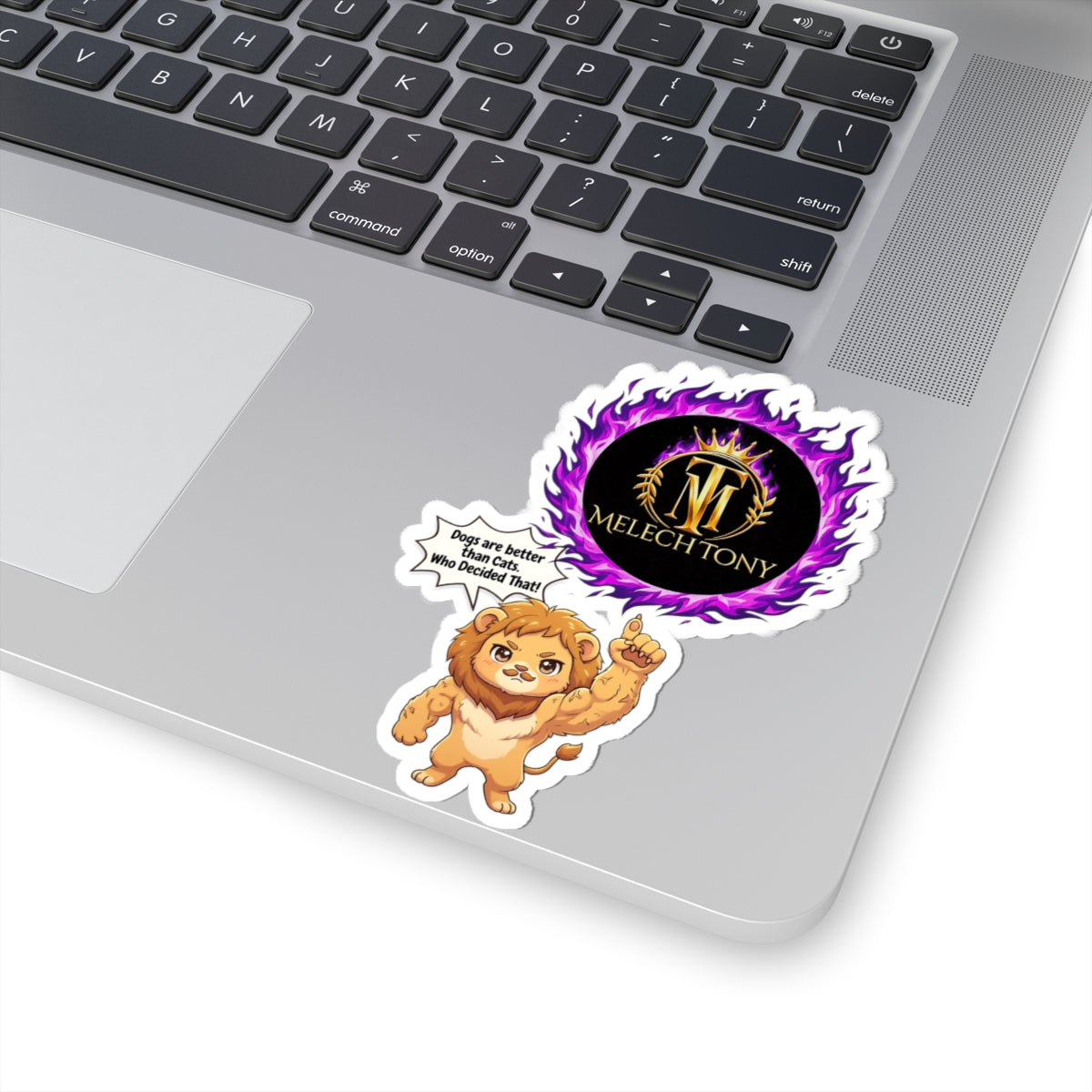 Melech Tony Lion Sticker, Funny Cat vs Dog Meme Decal with Purple Flame Crest, Kiss Cut Glossy Vinyl in 4 Sizes, Gamer Gift