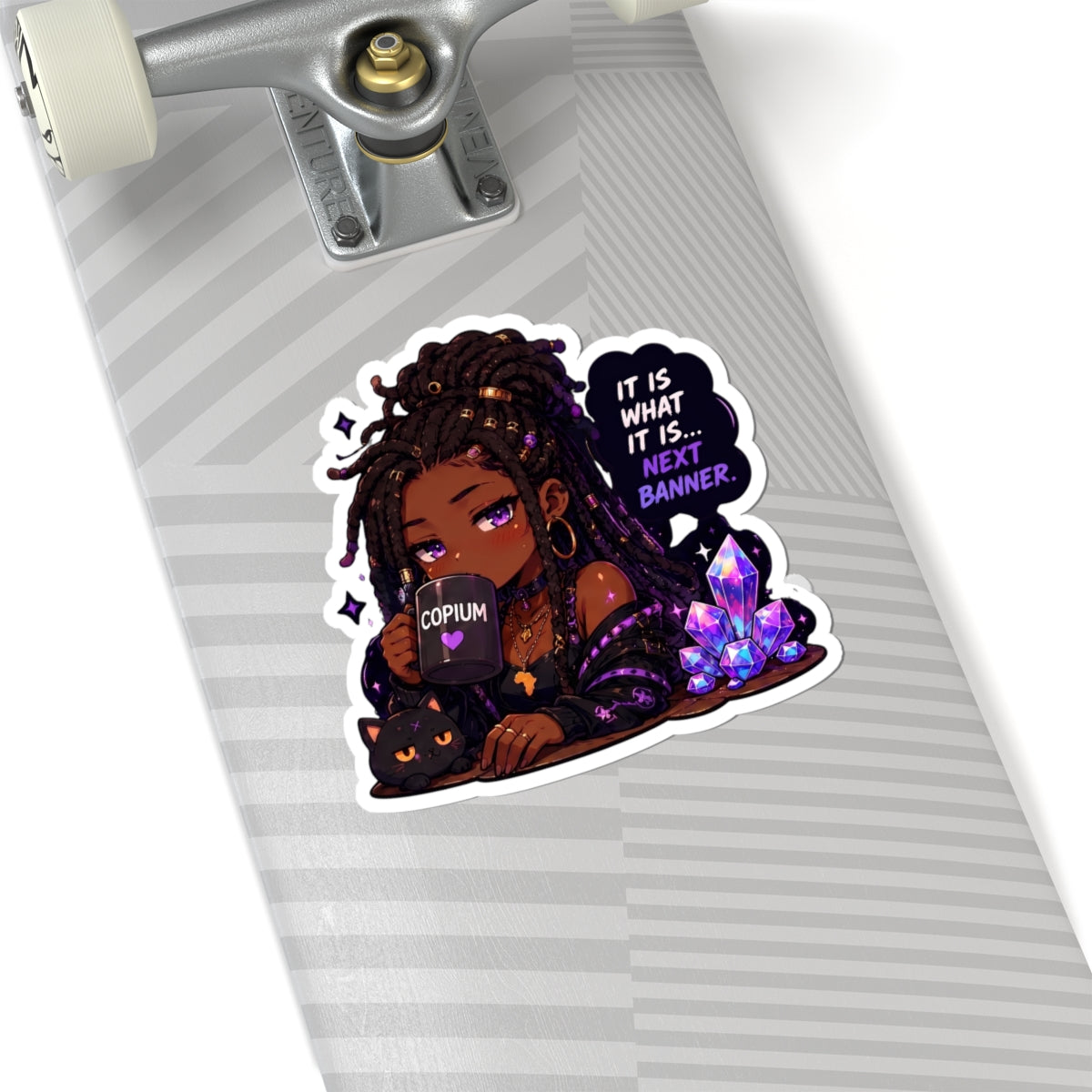 Witchy Copium Kiss-Cut Sticker — "It Is What It Is... Next Banner" Anime Girl with Braids and Black Cat Decal, Kiss Cut Glossy Vinyl in 4 Sizes, Gamer Gift, Gacha Sticker