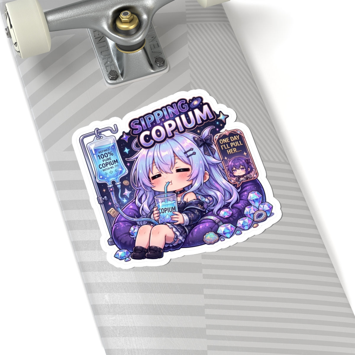 Sipping Copium Chibi Sticker, Anime Girl with Copium IV Drip Decal, Kiss Cut Glossy Vinyl in 4 Sizes, Funny Gacha Pity Gift, Gacha Sticker