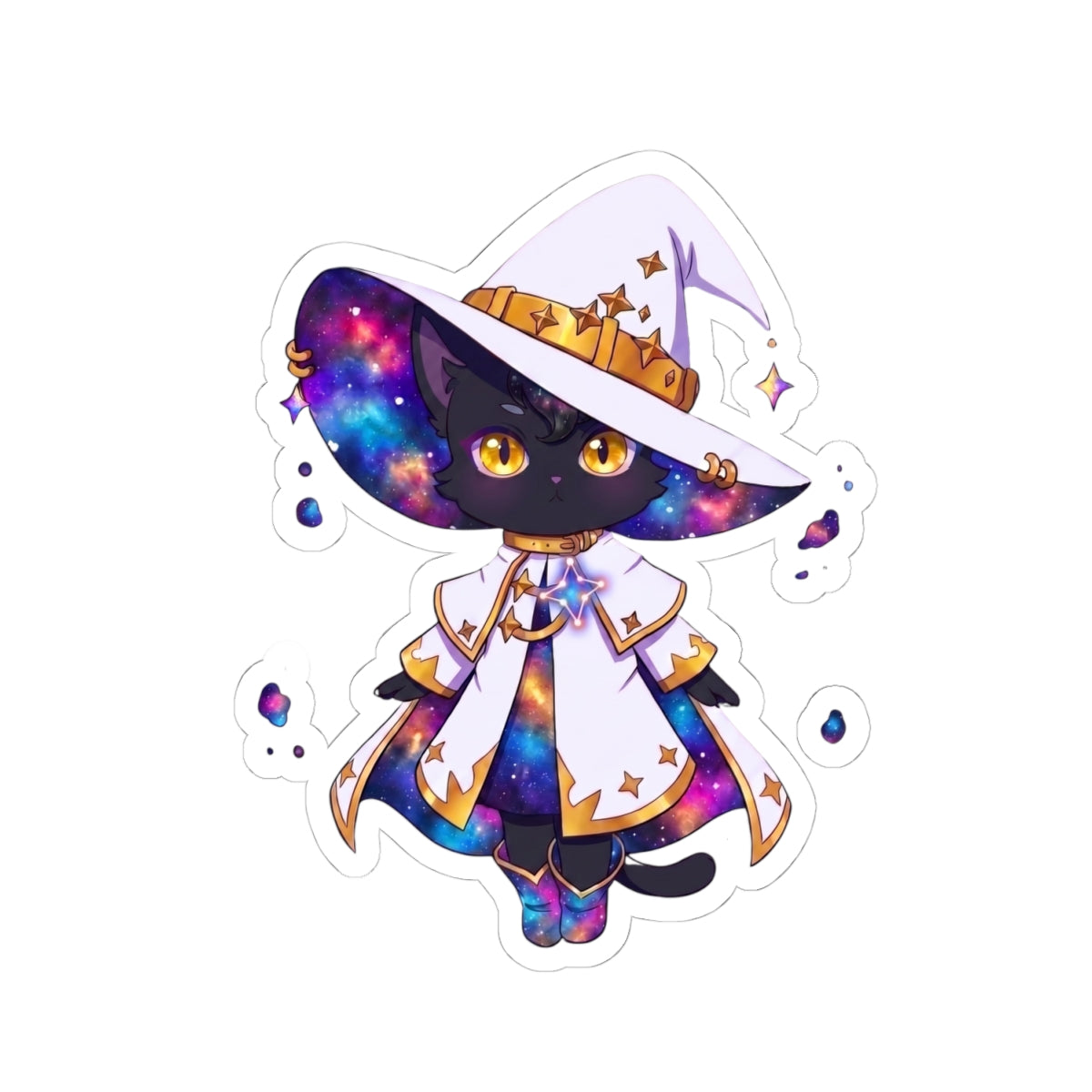 Celestial Cat Sticker, Kawaii Galaxy Witch Kitty in Star Hat Decal, Kiss Cut Glossy Vinyl in 4 Sizes, Cute Gift for Witchy Cat Lovers