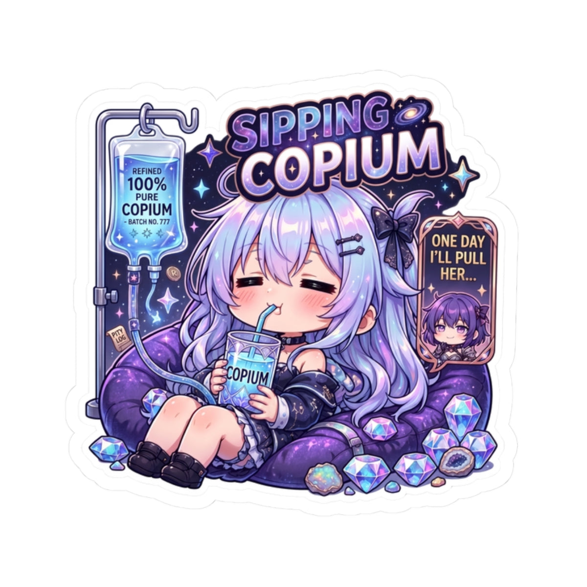 Sipping Copium Chibi Sticker, Anime Girl with Copium IV Drip Decal, Kiss Cut Glossy Vinyl in 4 Sizes, Funny Gacha Pity Gift, Gacha Sticker