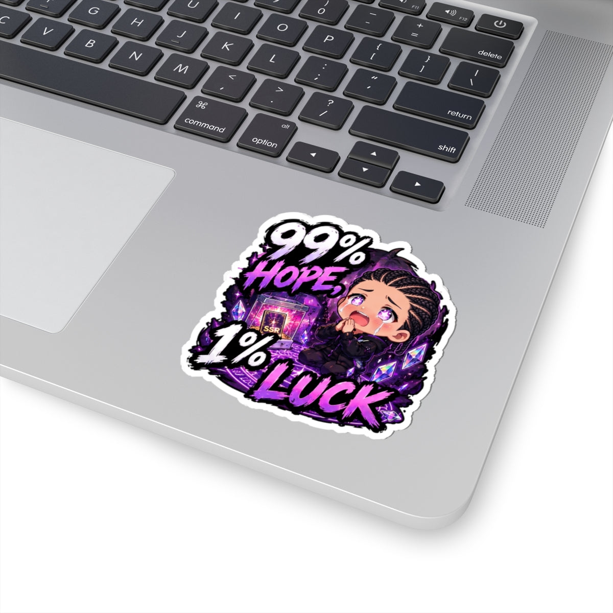 99% Hope 1% Luck Sticker, Crying Chibi Anime Boy Praying for SSR Decal, Kiss Cut Glossy Vinyl in 4 Sizes, Funny Gacha Gamer Gift