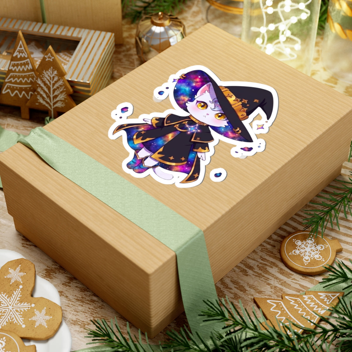 Celestial Cat Sticker, Kawaii Galaxy Witch Kitty in Star Hat Decal, Kiss Cut Glossy Vinyl in 4 Sizes, Cute Gift for Witchy Cat Lovers