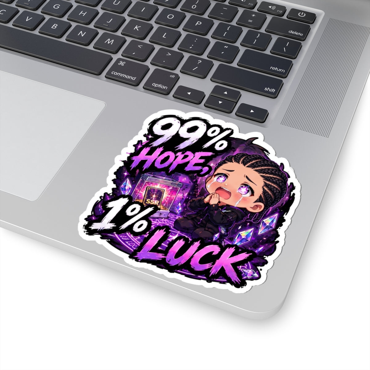 99% Hope 1% Luck Sticker, Crying Chibi Anime Boy Praying for SSR Decal, Kiss Cut Glossy Vinyl in 4 Sizes, Funny Gacha Gamer Gift