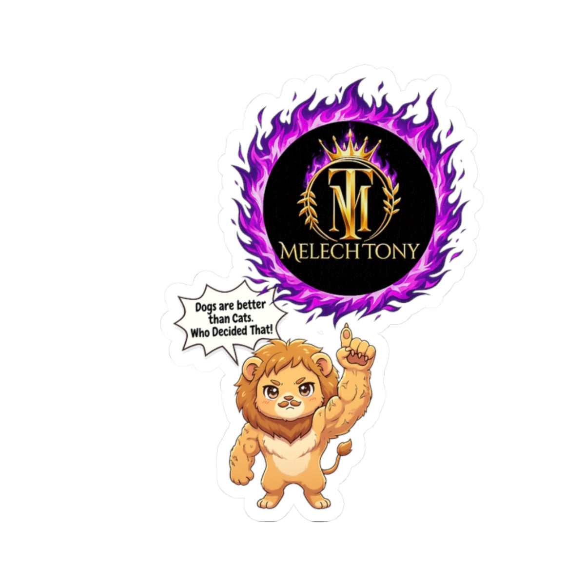 Melech Tony Lion Sticker, Funny Cat vs Dog Meme Decal with Purple Flame Crest, Kiss Cut Glossy Vinyl in 4 Sizes, Gamer Gift
