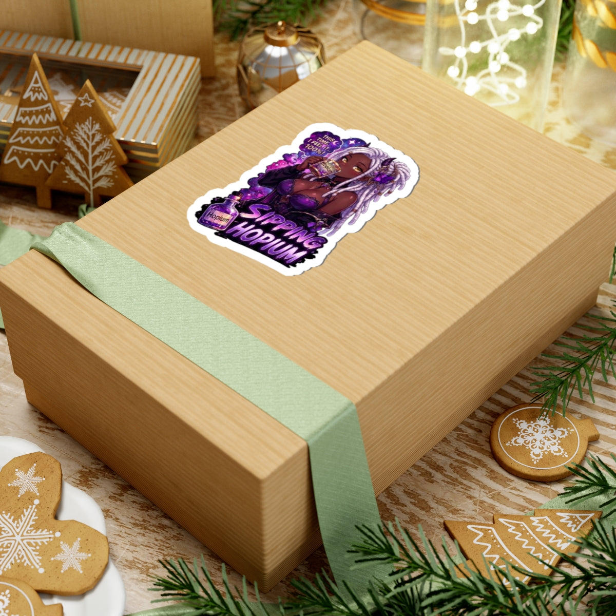 Sipping Hopium Kiss-Cut Sticker — Purple Aesthetic Vaporwave Girl Sticker, Anime Demon Girl with Loc's Decal, Kiss Cut Glossy Vinyl in 4 Sizes, Funny Gacha Gamer Meme Sticker
