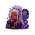 Witchy Copium Kiss-Cut Sticker — "It Is What It Is... Next Banner" Anime Girl with Braids and Black Cat Decal, Kiss Cut Glossy Vinyl in 4 Sizes, Gamer Gift, Gacha Sticker