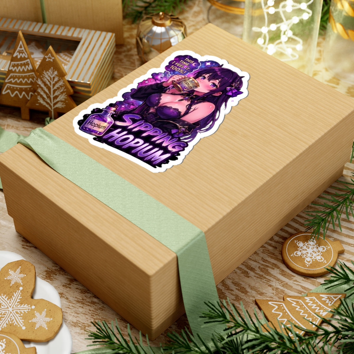 Sipping Hopium Kiss-Cut Sticker — Purple Aesthetic Vaporwave Girl Sticker, Anime Demon Girl with Loc's Decal, Kiss Cut Glossy Vinyl in 4 Sizes, Funny Gacha Gamer Meme Sticker