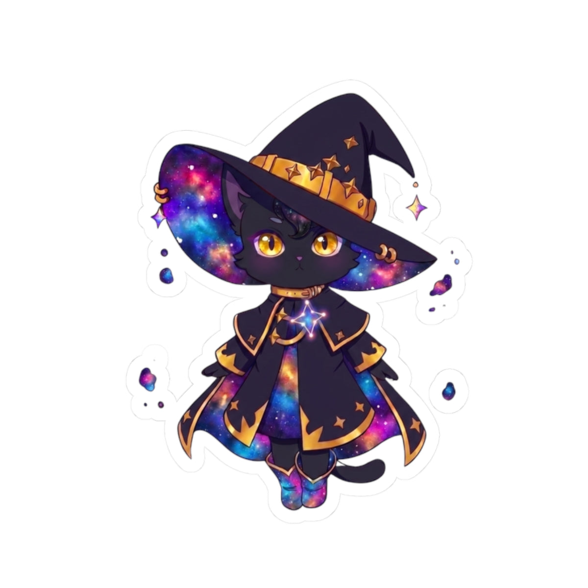 Celestial Cat Sticker, Kawaii Galaxy Witch Kitty in Star Hat Decal, Kiss Cut Glossy Vinyl in 4 Sizes, Cute Gift for Witchy Cat Lovers