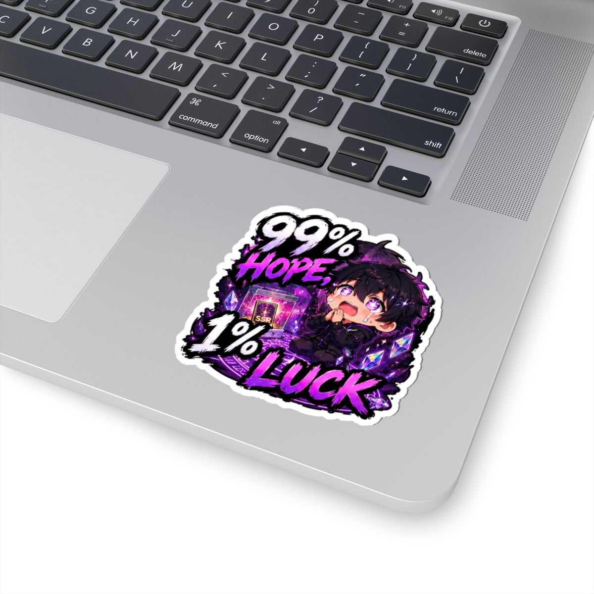 99% Hope 1% Luck Sticker, Crying Chibi Anime Boy Praying for SSR Decal, Kiss Cut Glossy Vinyl in 4 Sizes, Funny Gacha Gamer Gift