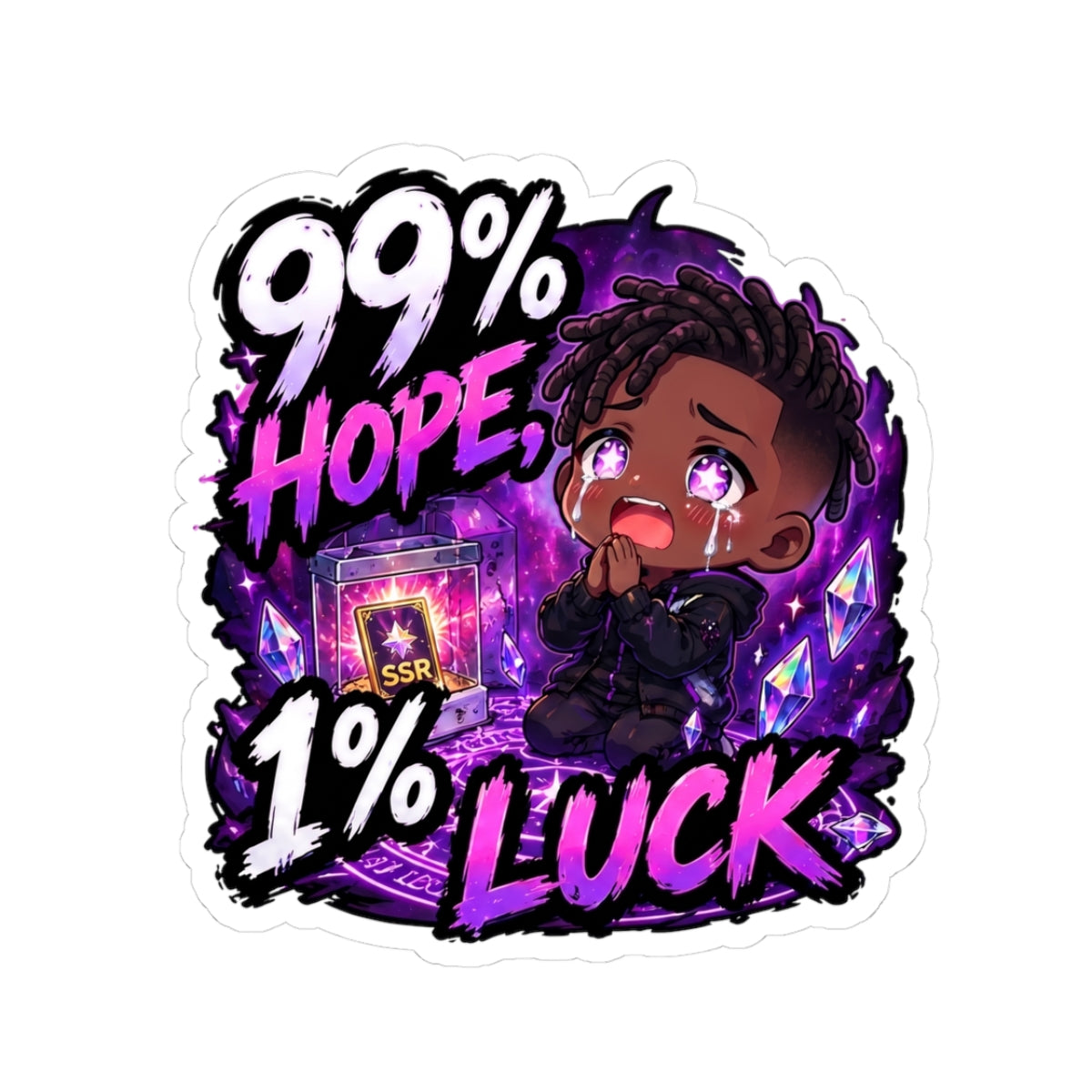 99% Hope 1% Luck Sticker, Crying Chibi Anime Boy Praying for SSR Decal, Kiss Cut Glossy Vinyl in 4 Sizes, Funny Gacha Gamer Gift