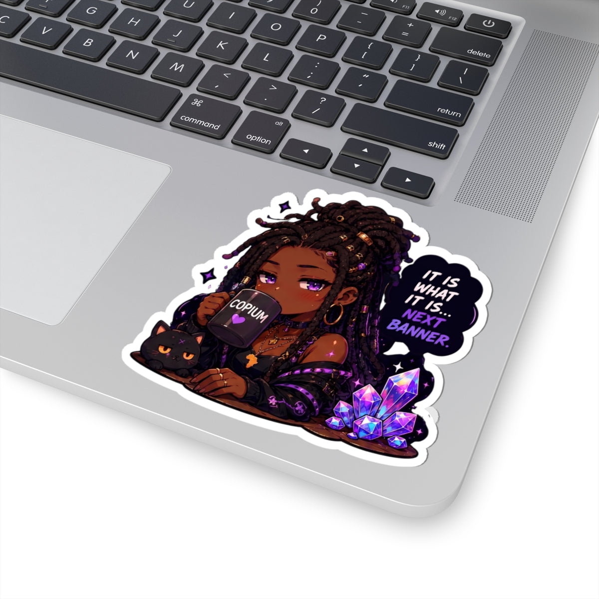 Witchy Copium Kiss-Cut Sticker — "It Is What It Is... Next Banner" Anime Girl with Braids and Black Cat Decal, Kiss Cut Glossy Vinyl in 4 Sizes, Gamer Gift, Gacha Sticker