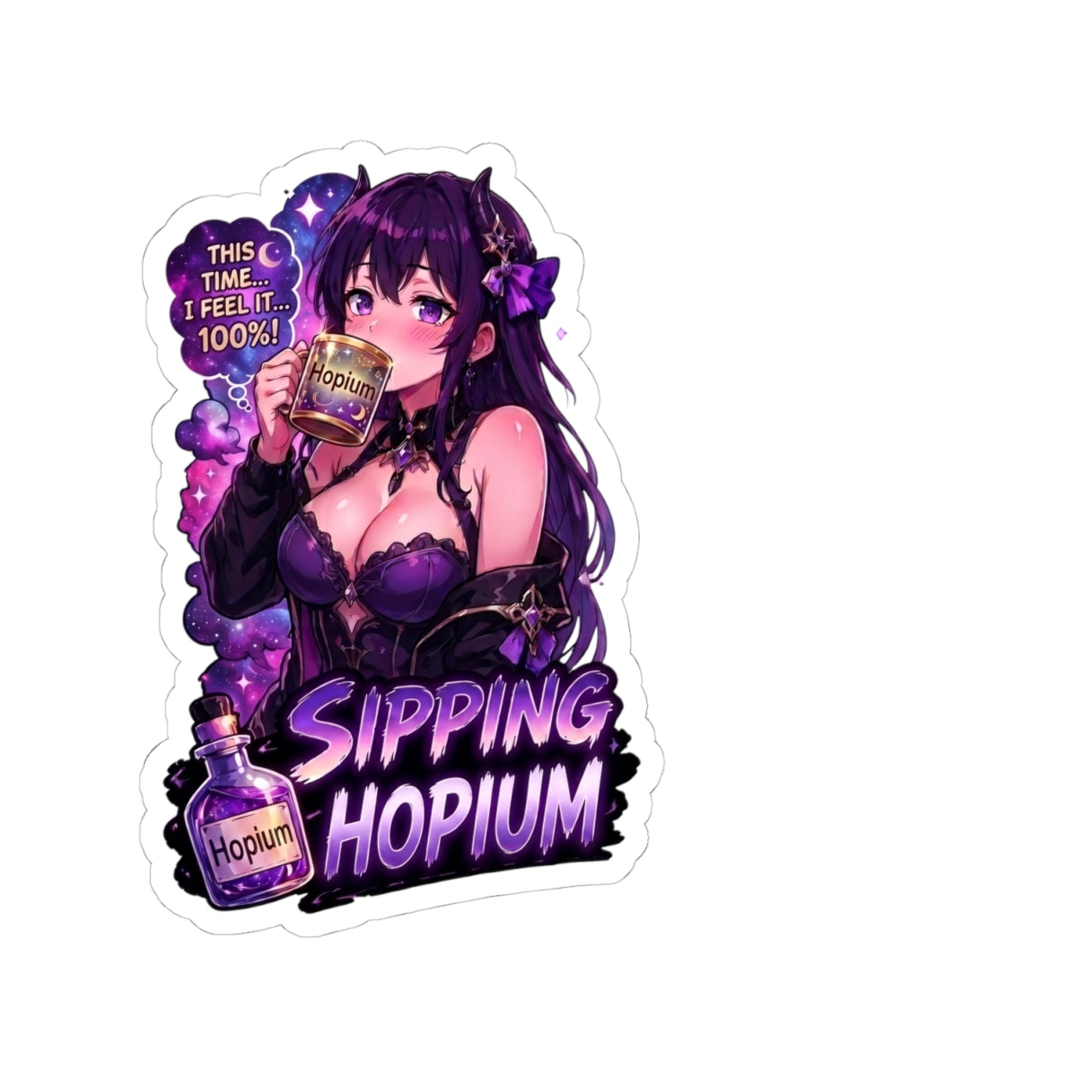 Sipping Hopium Kiss-Cut Sticker — Purple Aesthetic Vaporwave Girl Sticker, Anime Demon Girl with Loc's Decal, Kiss Cut Glossy Vinyl in 4 Sizes, Funny Gacha Gamer Meme Sticker