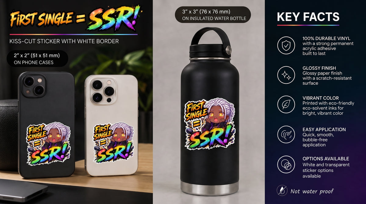 Lucky Pull Anime Sticker, First Single SSR Chibi Gacha Meme Decal, Kiss Cut Glossy Vinyl in 4 Sizes, Funny Gift for Gamers
