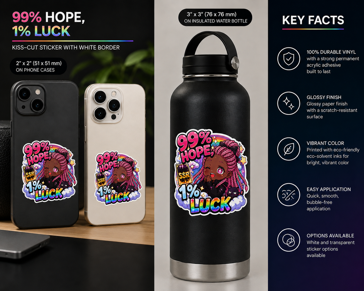 99% Hope 1% Luck Sticker, Anime Chibi Girl with Pink Braids Decal, Kiss Cut Glossy Vinyl in 4 Sizes, Funny Gacha Gamer Gift