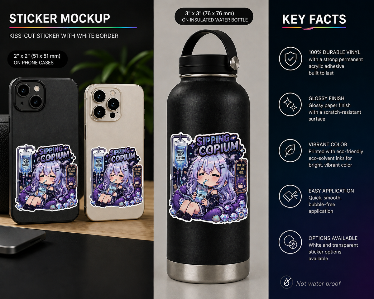 Sipping Copium Chibi Sticker, Anime Girl with Copium IV Drip Decal, Kiss Cut Glossy Vinyl in 4 Sizes, Funny Gacha Pity Gift, Gacha Sticker