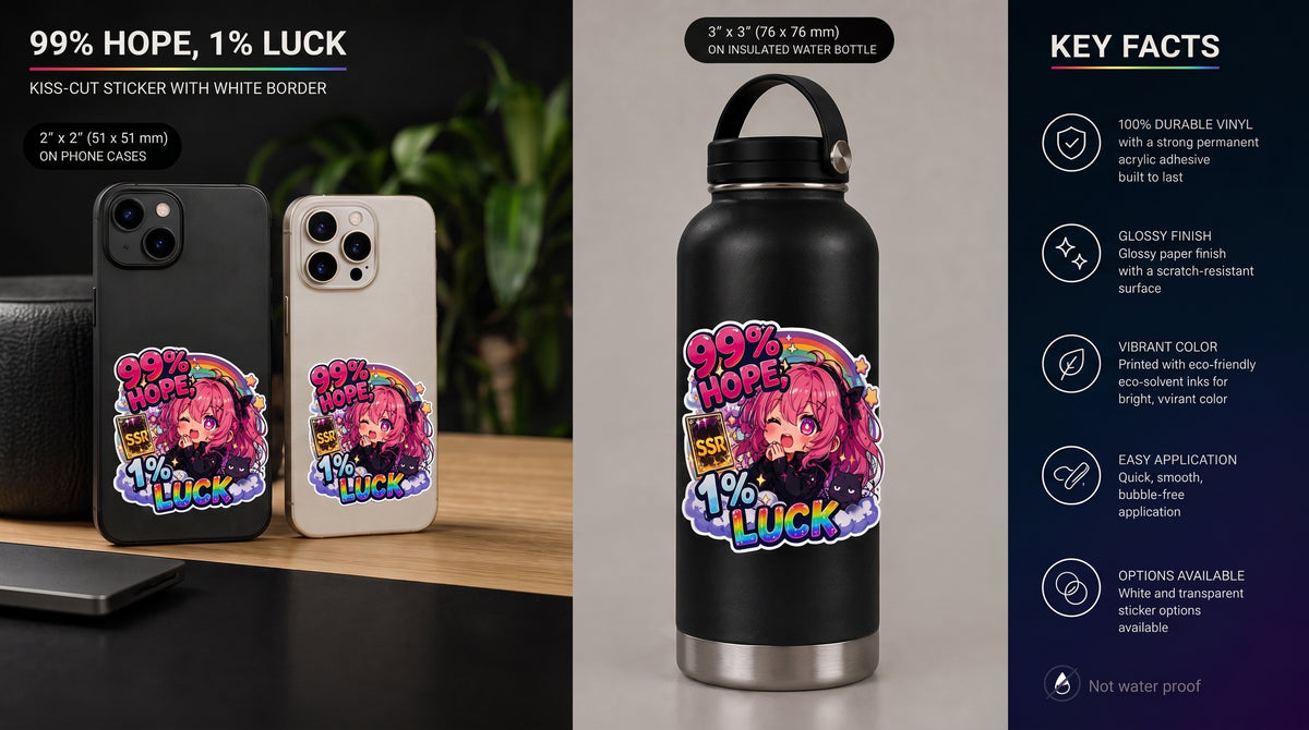 99% Hope 1% Luck Sticker, Anime Chibi Girl with Pink Braids Decal, Kiss Cut Glossy Vinyl in 4 Sizes, Funny Gacha Gamer Gift
