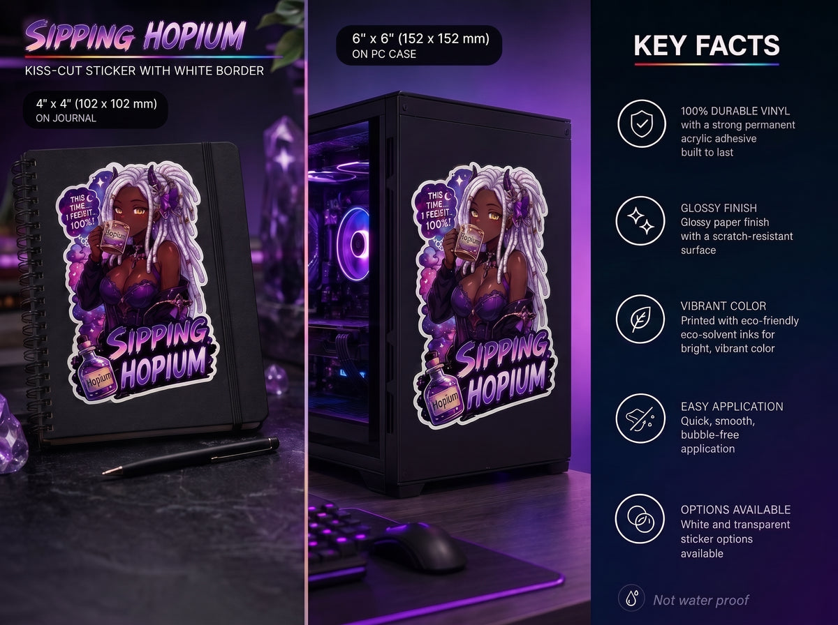 Sipping Hopium Kiss-Cut Sticker — Purple Aesthetic Vaporwave Girl Sticker, Anime Demon Girl with Loc's Decal, Kiss Cut Glossy Vinyl in 4 Sizes, Funny Gacha Gamer Meme Sticker