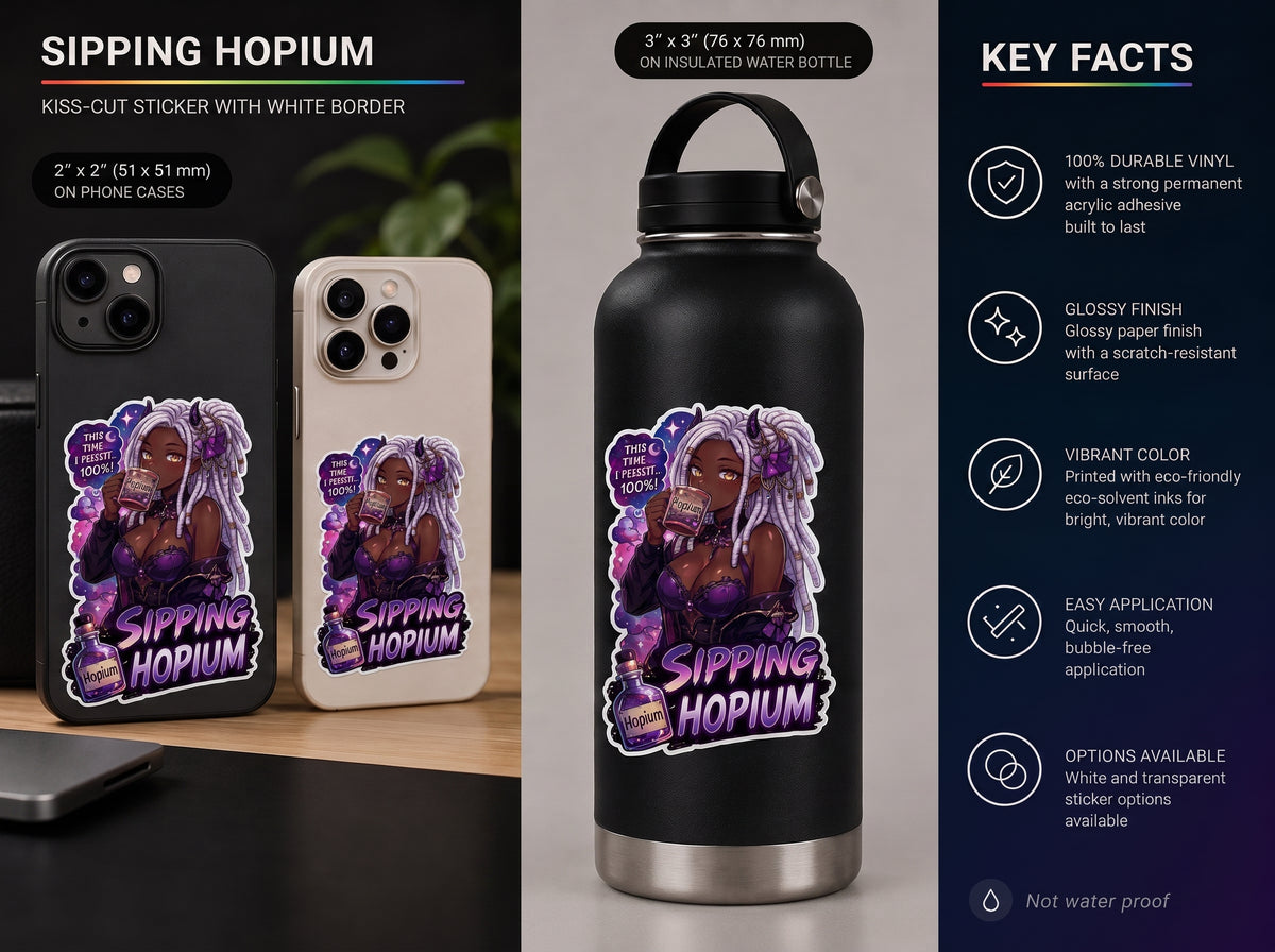Sipping Hopium Kiss-Cut Sticker — Purple Aesthetic Vaporwave Girl Sticker, Anime Demon Girl with Loc's Decal, Kiss Cut Glossy Vinyl in 4 Sizes, Funny Gacha Gamer Meme Sticker