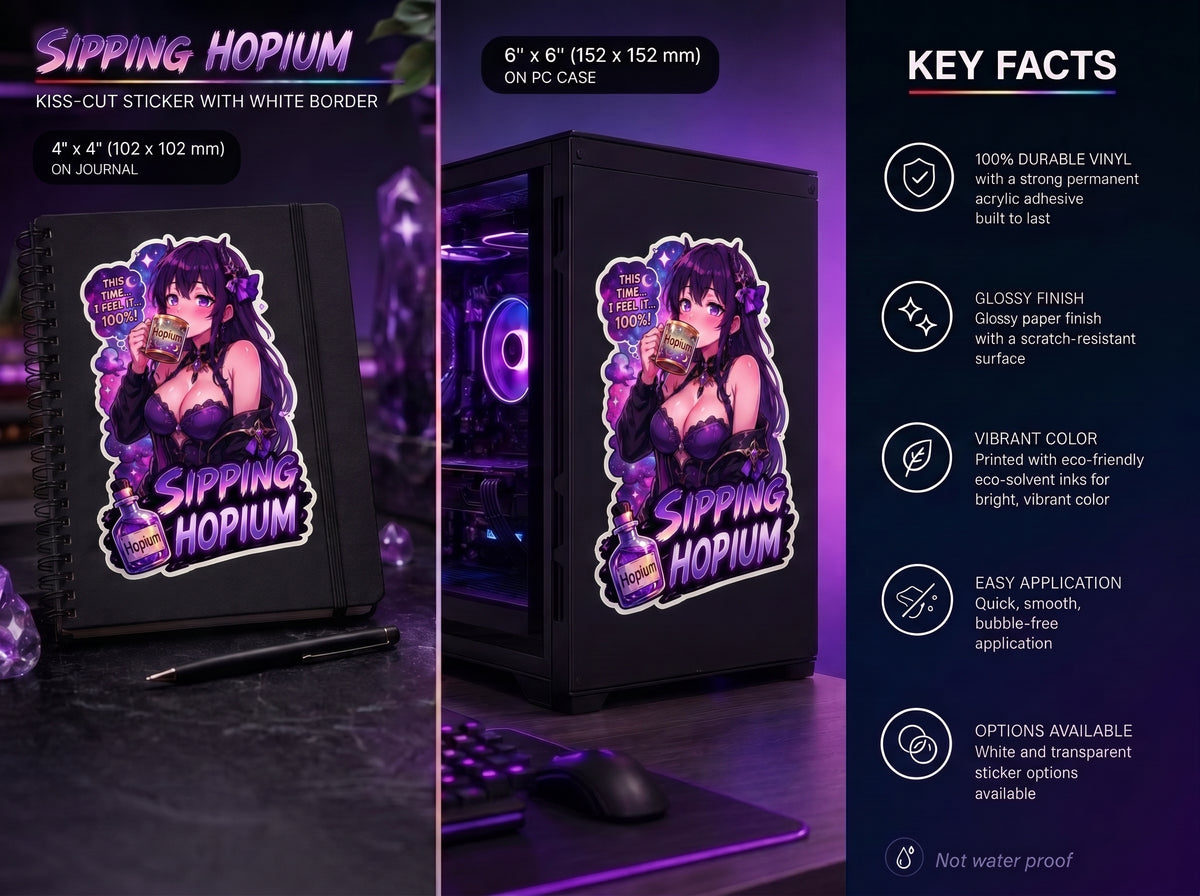 Sipping Hopium Kiss-Cut Sticker — Purple Aesthetic Vaporwave Girl Sticker, Anime Demon Girl with Loc's Decal, Kiss Cut Glossy Vinyl in 4 Sizes, Funny Gacha Gamer Meme Sticker