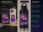 Sipping Hopium Kiss-Cut Sticker — Purple Aesthetic Vaporwave Girl Sticker, Anime Demon Girl with Loc's Decal, Kiss Cut Glossy Vinyl in 4 Sizes, Funny Gacha Gamer Meme Sticker