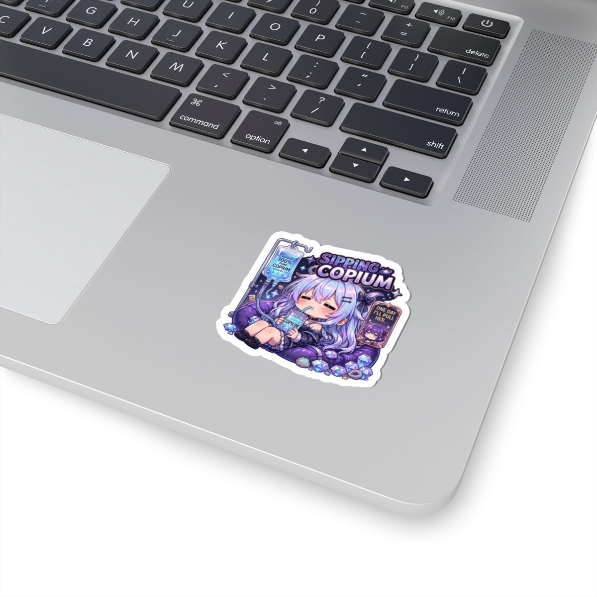 Sipping Copium Chibi Sticker, Anime Girl with Copium IV Drip Decal, Kiss Cut Glossy Vinyl in 4 Sizes, Funny Gacha Pity Gift, Gacha Sticker