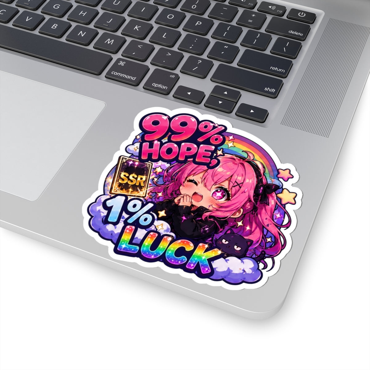 99% Hope 1% Luck Sticker, Anime Chibi Girl with Pink Braids Decal, Kiss Cut Glossy Vinyl in 4 Sizes, Funny Gacha Gamer Gift