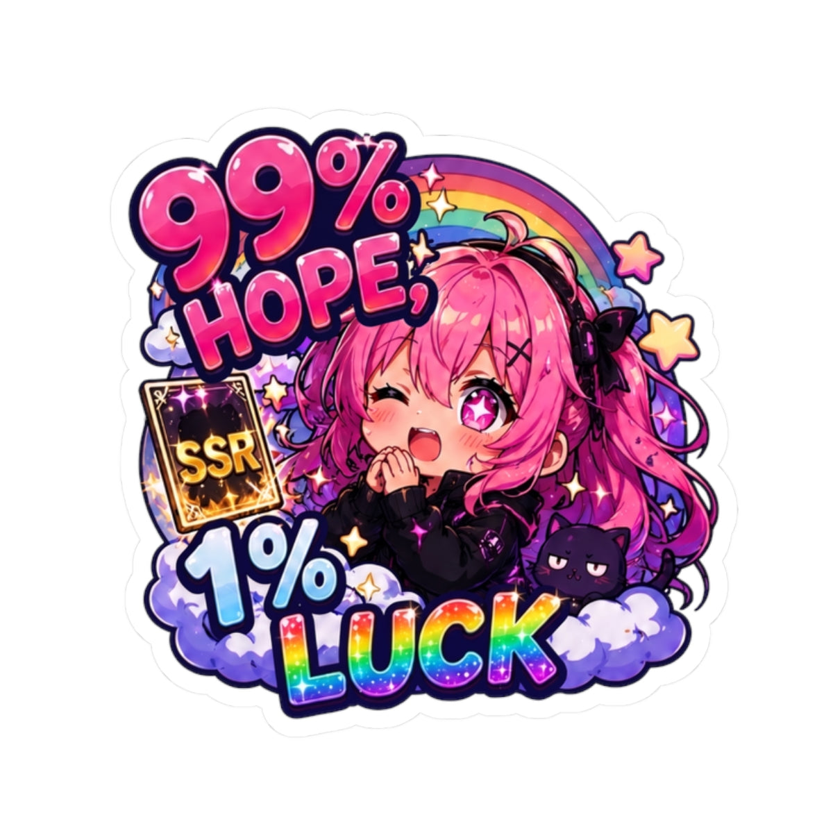 99% Hope 1% Luck Sticker, Anime Chibi Girl with Pink Braids Decal, Kiss Cut Glossy Vinyl in 4 Sizes, Funny Gacha Gamer Gift