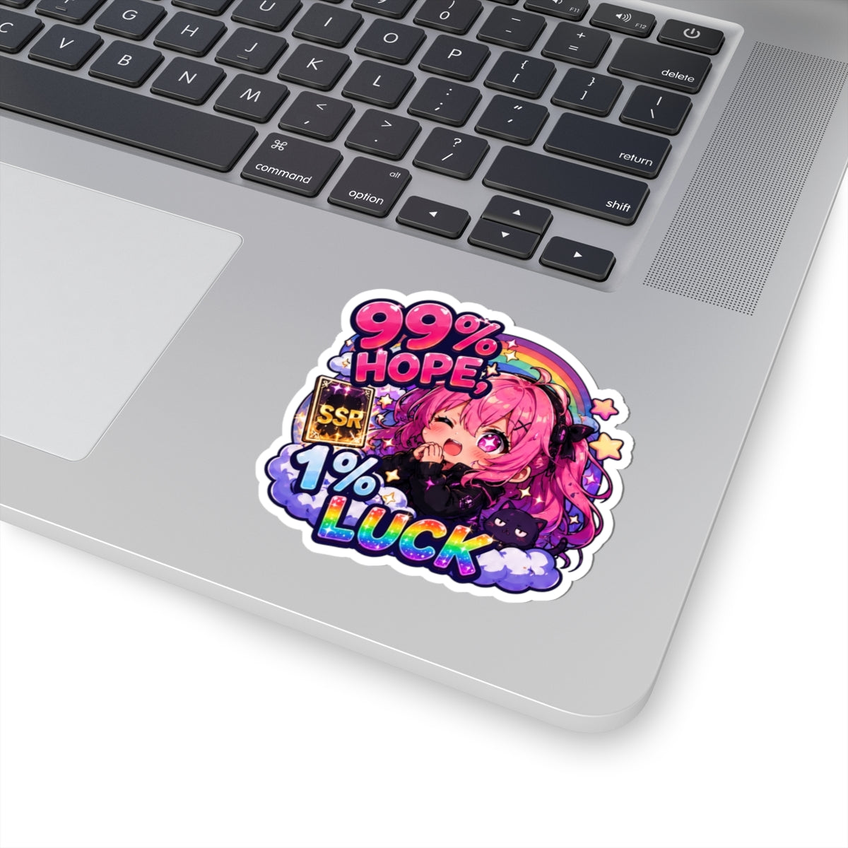99% Hope 1% Luck Sticker, Anime Chibi Girl with Pink Braids Decal, Kiss Cut Glossy Vinyl in 4 Sizes, Funny Gacha Gamer Gift