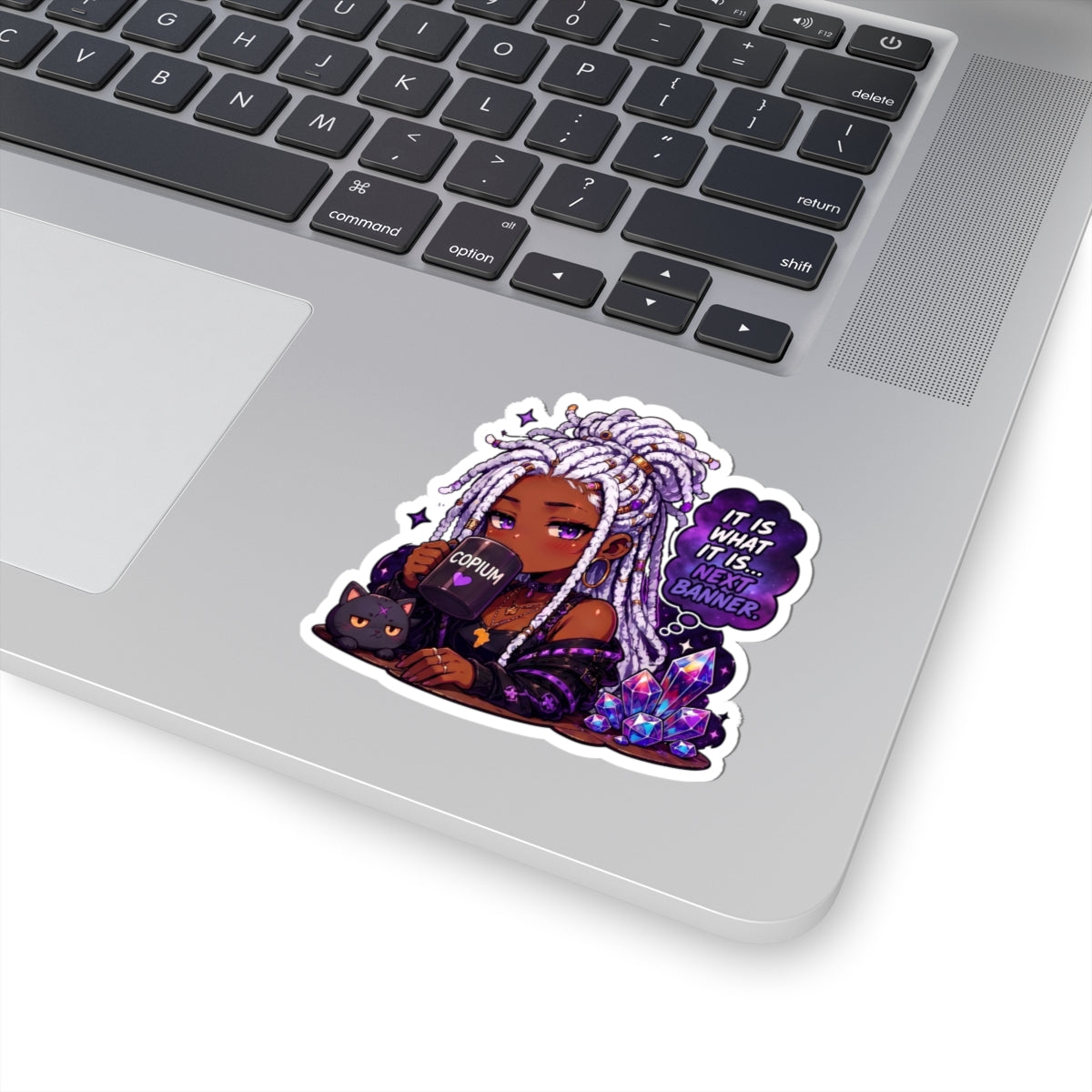Witchy Copium Kiss-Cut Sticker — "It Is What It Is... Next Banner" Anime Girl with Braids and Black Cat Decal, Kiss Cut Glossy Vinyl in 4 Sizes, Gamer Gift, Gacha Sticker