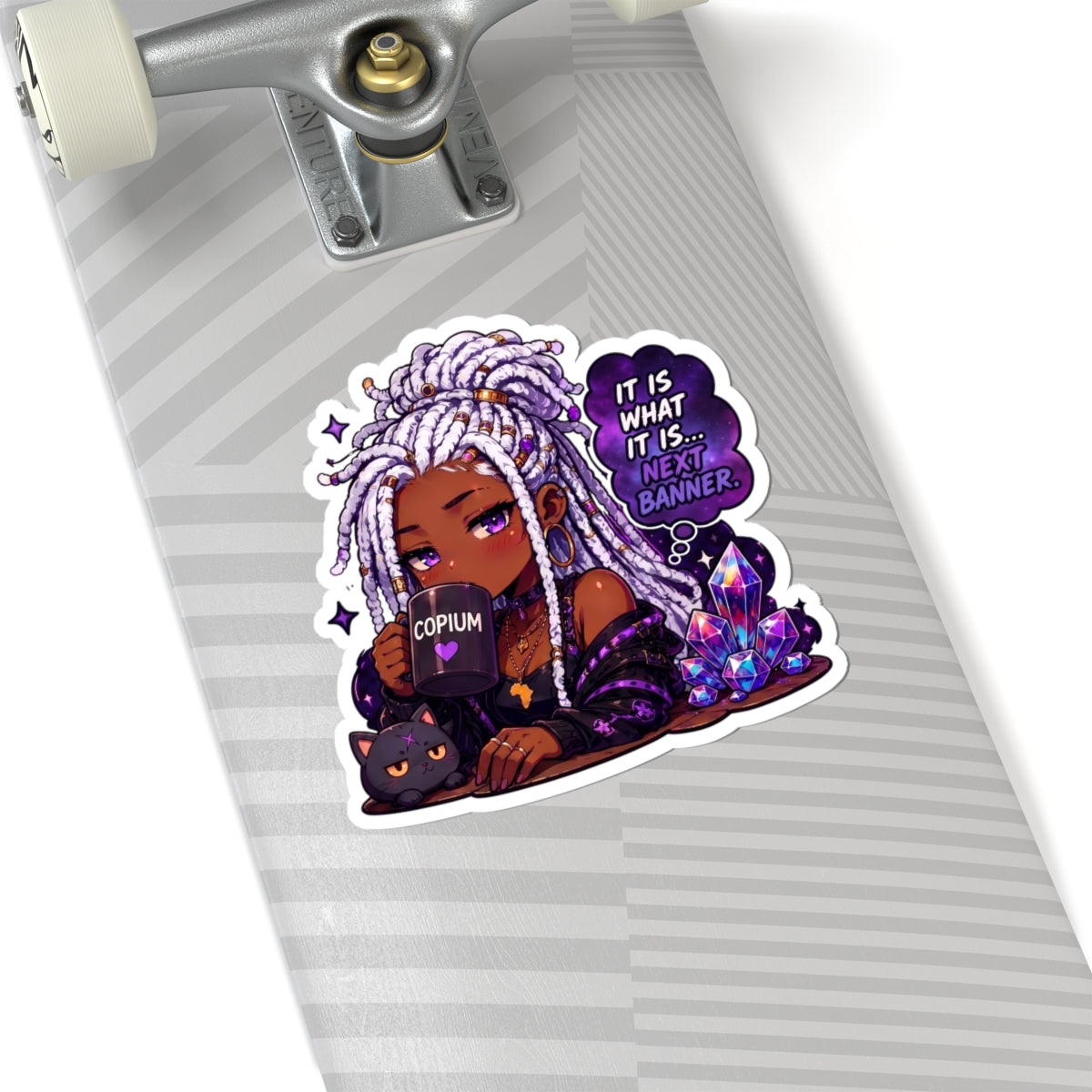 Witchy Copium Kiss-Cut Sticker — "It Is What It Is... Next Banner" Anime Girl with Braids and Black Cat Decal, Kiss Cut Glossy Vinyl in 4 Sizes, Gamer Gift, Gacha Sticker