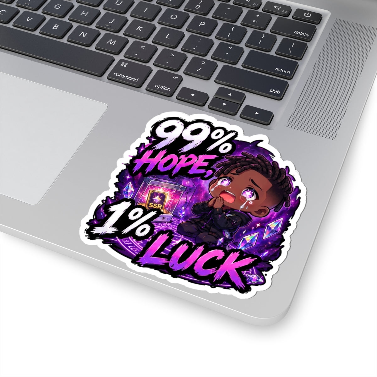 99% Hope 1% Luck Sticker, Crying Chibi Anime Boy Praying for SSR Decal, Kiss Cut Glossy Vinyl in 4 Sizes, Funny Gacha Gamer Gift