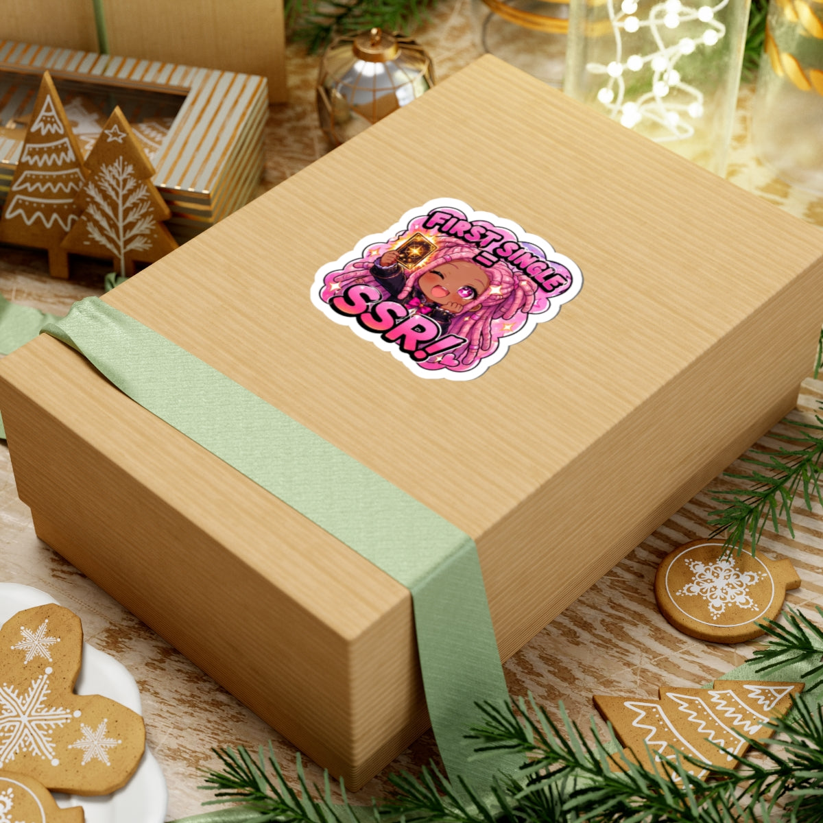 Lucky Pull Sticker, First Single SSR Kawaii Chibi Girl with Locs Decal, Kiss Cut Glossy Vinyl in 4 Sizes, Cute Gift for Anime Fans, Gacha Gamers