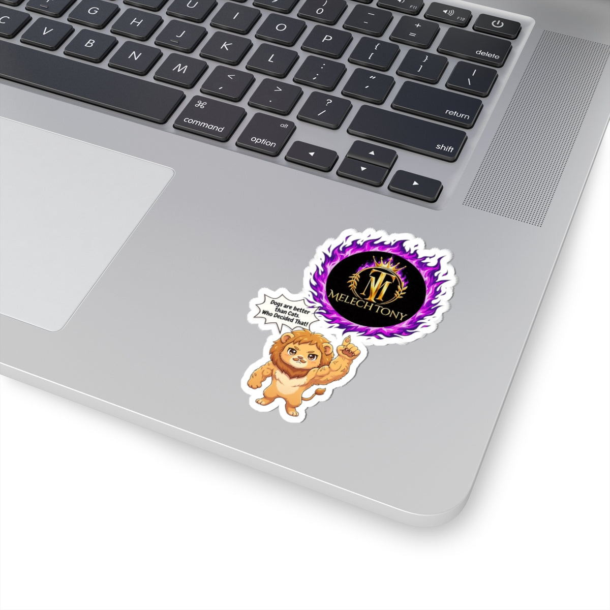 Melech Tony Lion Sticker, Funny Cat vs Dog Meme Decal with Purple Flame Crest, Kiss Cut Glossy Vinyl in 4 Sizes, Gamer Gift