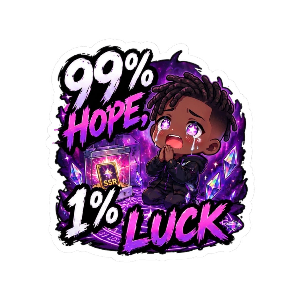 99% Hope 1% Luck Sticker, Crying Chibi Anime Boy Praying for SSR Decal, Kiss Cut Glossy Vinyl in 4 Sizes, Funny Gacha Gamer Gift
