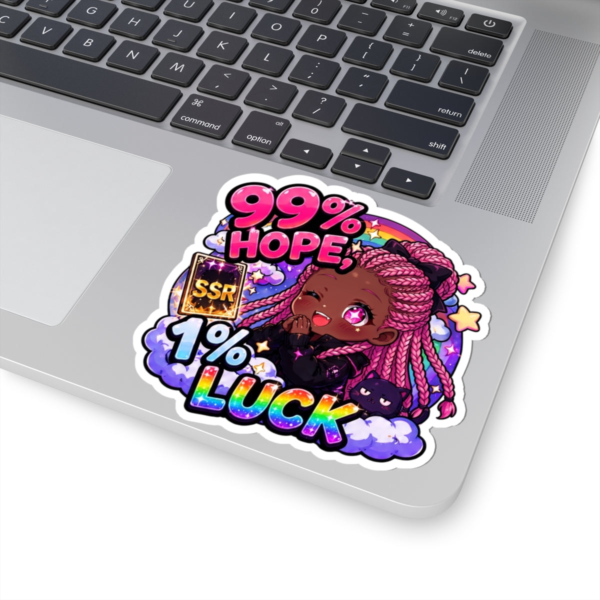 99% Hope 1% Luck Sticker, Anime Chibi Girl with Pink Braids Decal, Kiss Cut Glossy Vinyl in 4 Sizes, Funny Gacha Gamer Gift